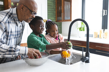 Happy african american grandfather and grandchildren washing vegetables in kitchen, slow motion