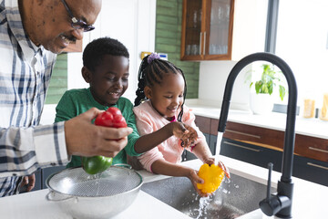 Happy african american grandfather and grandchildren washing vegetables in kitchen, slow motion