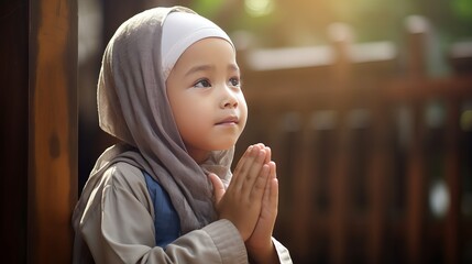 Indonesian Muslim child praying during the month of Ramadan while raising his hand.