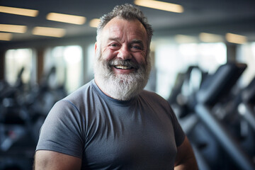 normal older man with beard smiling in gym candid portrait - obrazy, fototapety, plakaty