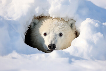 playful photo of a polar bear peeking out from behind a snow-covered rock, as if engaging in a game of hide and seek