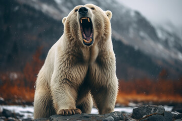 powerful photo capturing a polar bear standing on its hind legs, seemingly roaring into the Arctic wilderness - obrazy, fototapety, plakaty