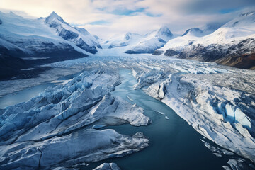 aerial photo showcasing the stark contrast between a glacier's current position and where it used to be, highlighting the effects of climate change