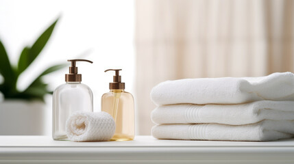 Obraz na płótnie Canvas Spa products on white table in bathroom, closeup. Beauty treatment
