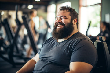plus size man with beard smiling in gym candid portrait - obrazy, fototapety, plakaty