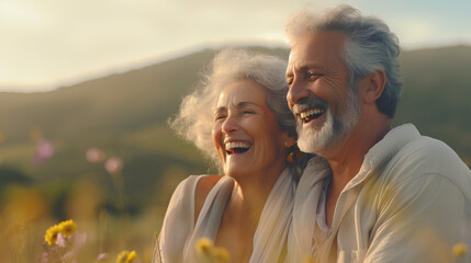 An elderly couple enjoying in outdoors, their love palpable.
