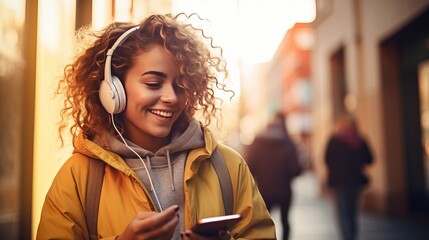 Happy female holding cellphone listening to music on a footpath with wireless headphones - obrazy, fototapety, plakaty