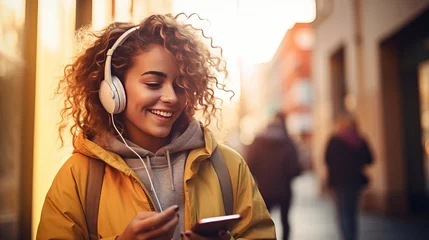 Poster Happy female holding cellphone listening to music on a footpath with wireless headphones © Suleyman