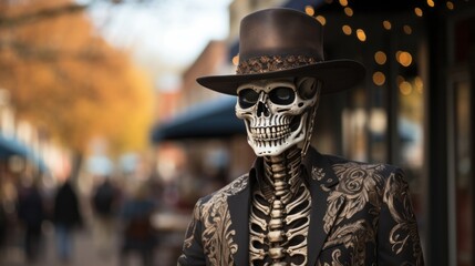 A mysterious skeleton clad in a black hat and mask stands against the backdrop of a stark city street, their clothing evoking a sense of daring adventure - obrazy, fototapety, plakaty