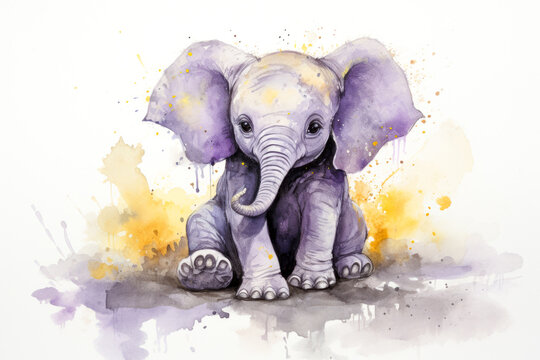 Colorful watercolor illustration of an elephant on a white background.