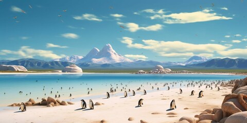 Fototapeta na wymiar Penguin Colony on the Beach with Beautiful landscape View