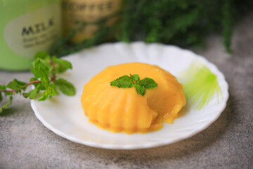 mango pudding closeup with selective focus and blur