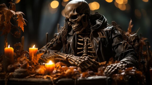 The eerie light of the flickering candles casts an otherworldly glow on the skeletal figure sitting motionless at the table, creating a hauntingly beautiful scene