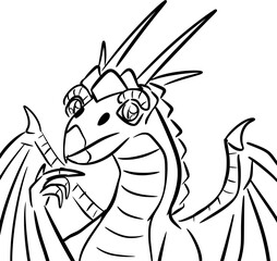 Vector drawing of dragon with wings and arms.Hand drawn,black and white,cartoon style,doodle,contour,silhouette,sketch.Animal,creature,myth,legend,cute,silly,happy new year 2024,thoughtful,wistful.
