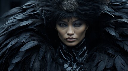 A portrait of a mysterious woman in a striking black feathered outfit reveals a bold and fearless spirit