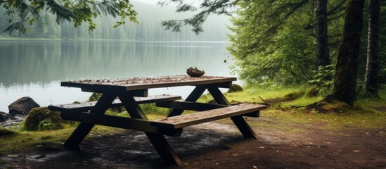 Rainy day lake picnic on a wooden table - Powered by Adobe