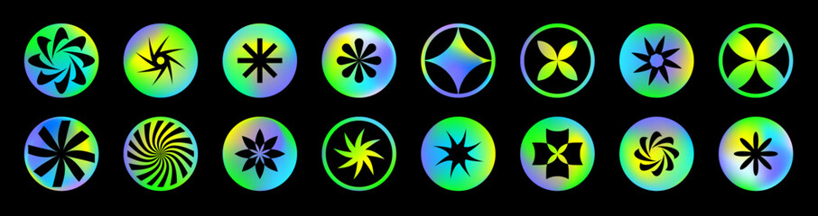 Vector round y2k holographic gradient set. Vivid neon green color circles, buttons, spheres. Highlight covers with abstract symbols, stars, sparks, flowers. Trendy fluid blurred icons or labels