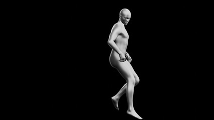 Beautiful young athletic man break-dancing energetically, isolated on black background. 3d illustration. Silver mannequin, android.