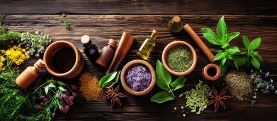 Various herbal medicine options displayed in wooden bowls along with aromatherapy essential oils and tools on rustic wood backdrop - obrazy, fototapety, plakaty