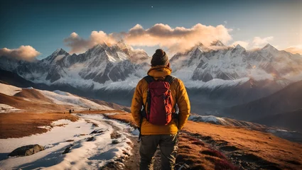 Papier Peint photo Himalaya rear view of a mountaineer looking at the high snowy peaks of the Himalayas,sunset,full colors,golden hour
