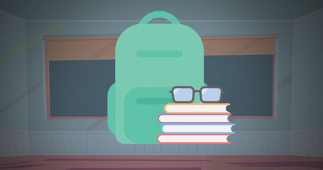 Composite of books and green school bag over blackboard background