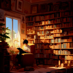 Books, anime, modern, coffee, reading