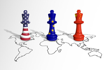 Chess made from USA, EU and China flags on a world map. China, Europe Union and United States of...