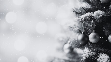 Obraz premium Snow Covered Tree Branches Decorated with Christmas Snowflakes, Winter celebration under snowing Christmas tree, black and white monochrome. 