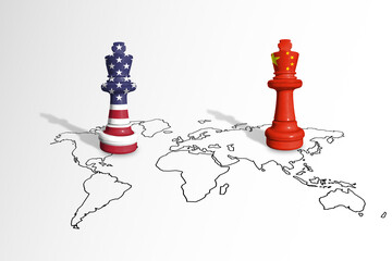 Chess made from USA and China flags on a world map. USA and China trade war. China and United...