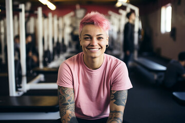 person with pink hair smiling at inclusive gym