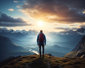 Fototapeta premium Man hiker silhouette standing on top of the mountains enjoys the beautiful view of nature at sunset