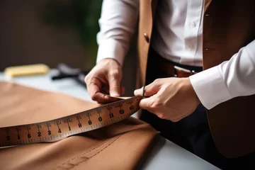 Fotobehang Closeup experienced professional tailor hands sewing custom handmade and high quality apparel in ancient luxury traditional tailoring workshop. Handmade industry and hand craft couturier concept. © Virtual Art Studio