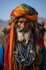 Obraz premium Photo Rajasthan nomad wearing colourful traditional attire that is suitable for exploring hot arid desert landscapes created with Generative AI technology