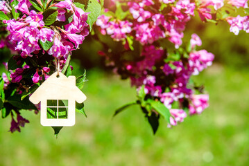 Naklejka premium house symbol against the background of blooming weigela