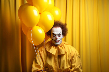 Scary serious clown with red balloon on isolated yellow studio background. Empty space place for text, copy paste. Concept of evil and fear. Halloween, 31 of October carnival - obrazy, fototapety, plakaty