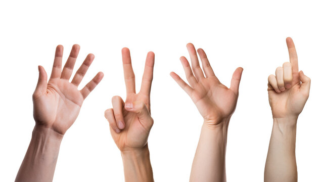 Hands raised up numbers gestures png transparent cut out background mockup design artwork signs 