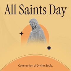 Illustration of statue of virgin mary and all saints day text on beige background, copy space