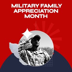 Composite of latino army soldier saluting and military family appreciation month text, copy space