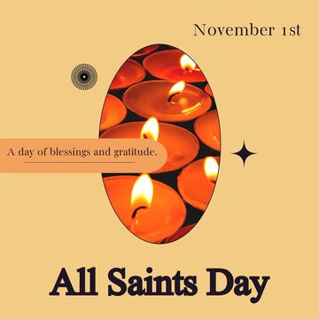 Composite of lit candle in oval shape with november 1st and all saints day text on beige background