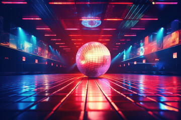 A disco ball lies on the floor of an empty disco with 80s style disco lights. Concept motif for 80s, disco and party. - obrazy, fototapety, plakaty