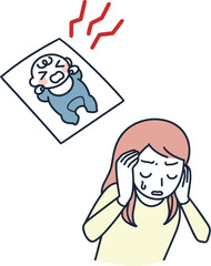 夜泣きする赤ちゃんにうんざりする女性　シンプルイラスト