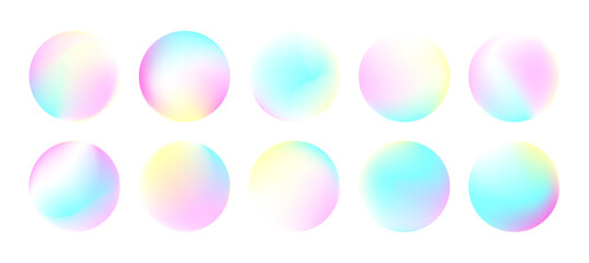 Vector round holographic gradient set. Light pastel circles, buttons, spheres. Trendy fluid blurred icons or labels for mobile app, screen or print. Colorful circle mesh gradient UX elements pack - 654671963