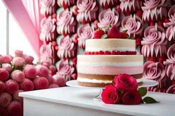 A Culinary Masterpiece Featuring a Cake Bedecked with Exquisite Roses, Where the Artistry of Pastry Meets the Beauty of Nature, Creating a Visual and Tasteful Symphony of Flavors and Aesthetics that 