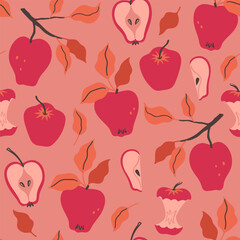 Autumn seamless pattern with red apples. Vector graphics.