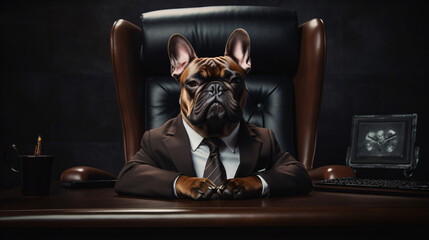Boss french bulldog dog on leather chair and desk