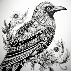 Zentangle Bird.  Generated Image.  A digital illustration of a bird created with zentangle-like geometric shapes.