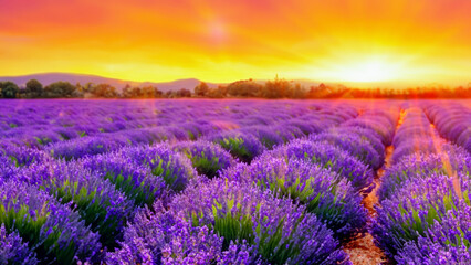 A lavender field with a bright orange glow of the sun.