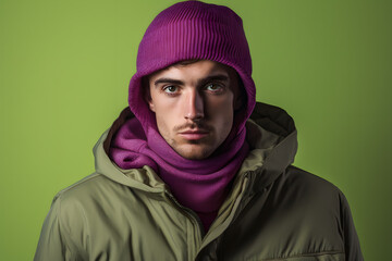 Colorful studio portrait of a young man wearing cold weather clothes to keep him warm. Autumn or...