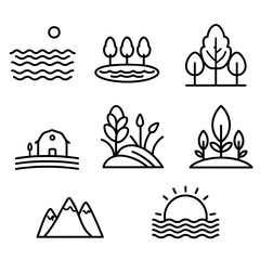 Farm Nature and Landscapes (Doodle and Kid-Friendly) ICON LINE ART Mountains, Fields, River, Farm Skyline, Sunrise, Sunset, Beach, Forest, Pond, Meadow