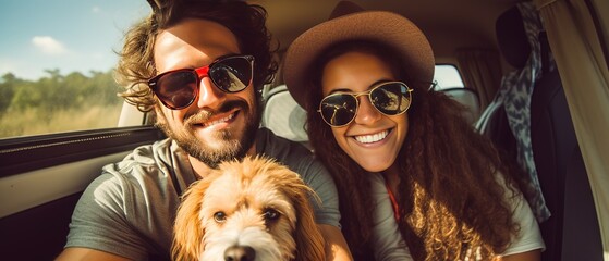 Hipster couple and their dog enjoying a camping adventure on a mini van adventure, camping in the great outdoors, creating lasting memories.